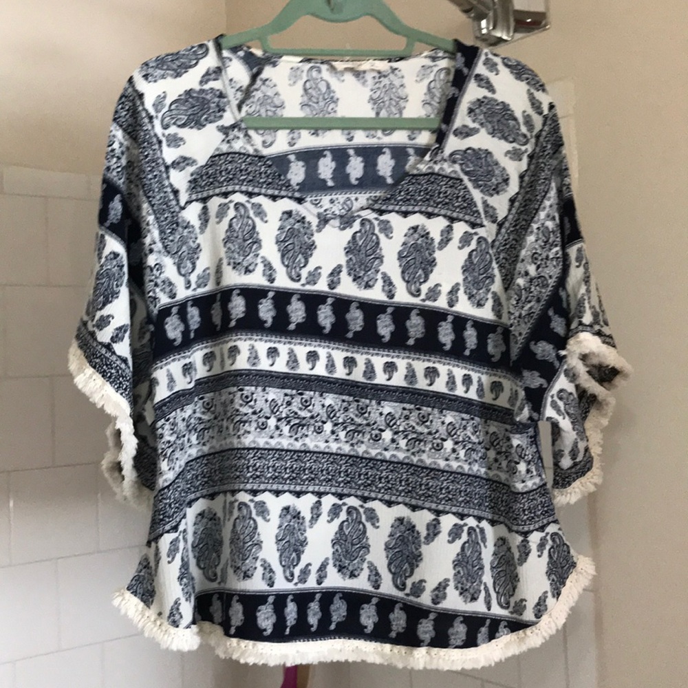 Blue and white paisley top